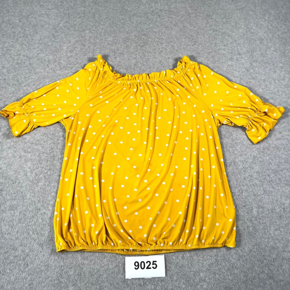 Cato Blouse Top Womens L Yellow Polka Dot Stretch‎ Off The Shoulder Ruffle Neck